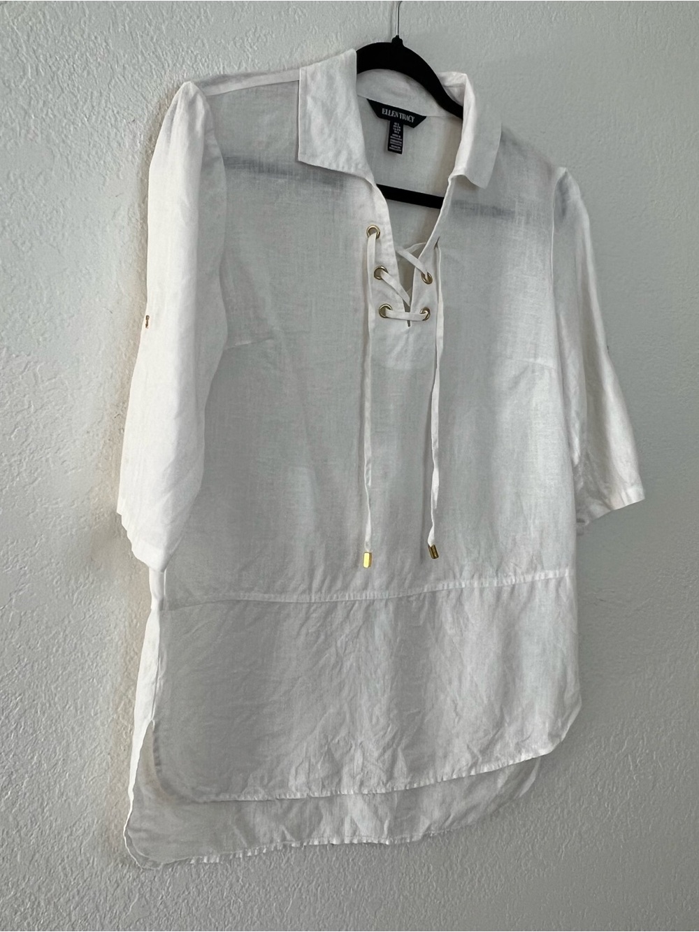 Ellen Tracy White 100 Linen Lace Up V Neck Collared Blouse Top Womens Size Small - Picture 2 of 11